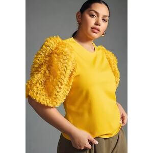 ANTHROPOLOGIE | Flat White Yellow Puff Sleeve Ruffle Textured Top | Size Small